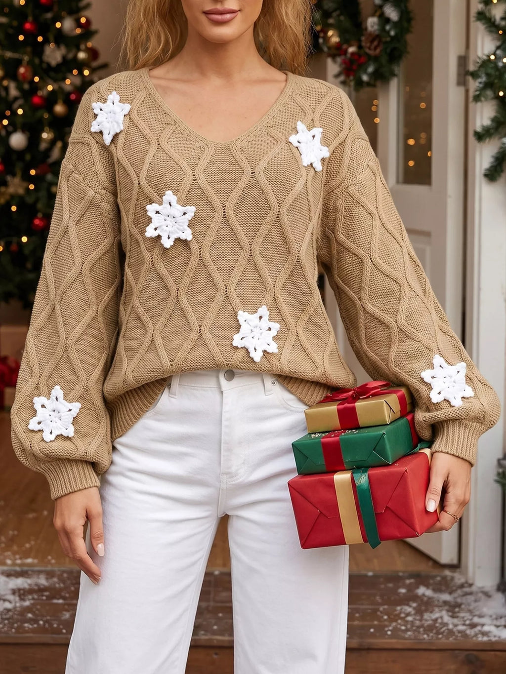 Snowflake Textured V-neck Sweater (10)