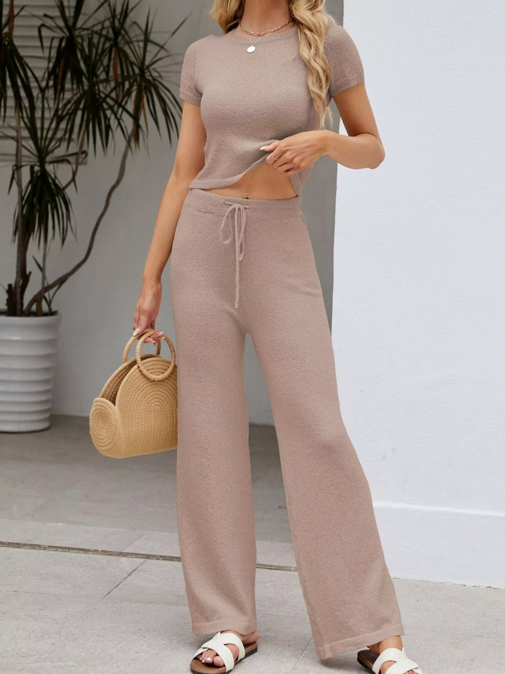 Solid Color Knit Short Sleeve Top Wide Leg Pants Set