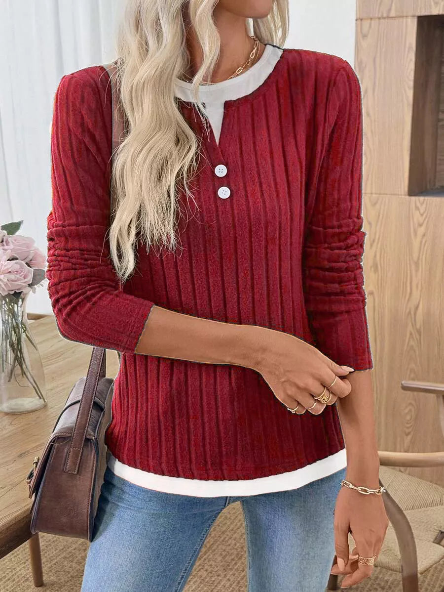 Ribbed Knit Long Sleeve Henley T-shirt (15)