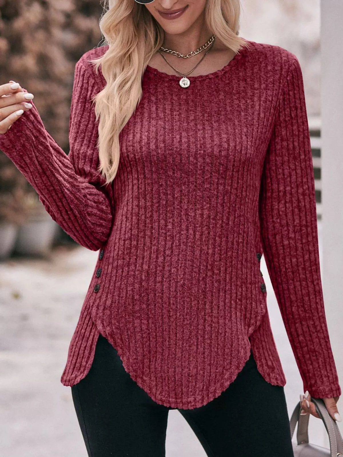 Ribbed Knit Long Sleeve T-shirt (20)