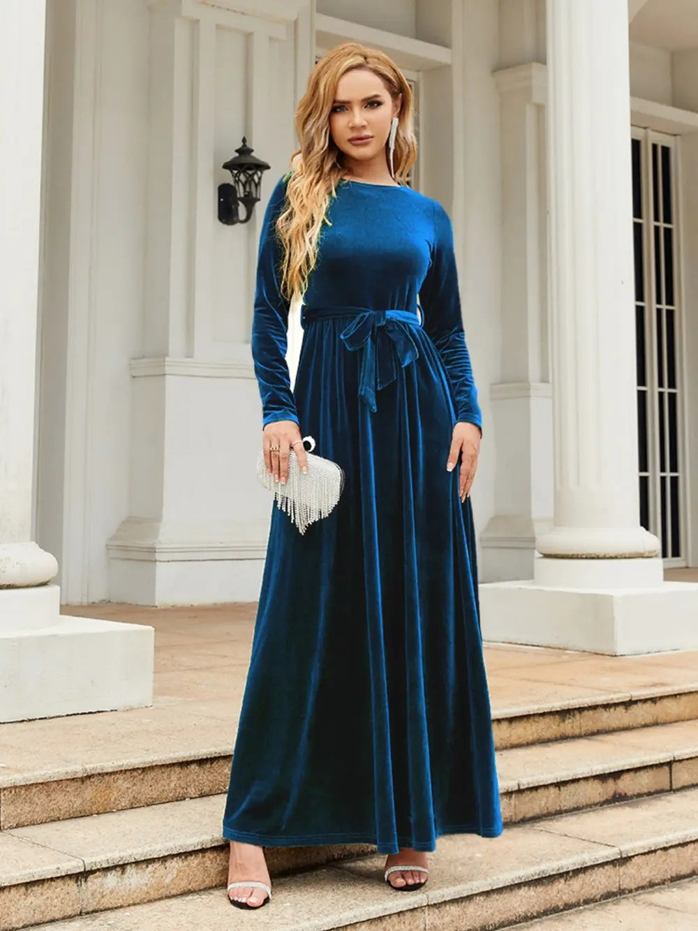 Tie Front Round Neck Long Sleeve Maxi Dress (16)