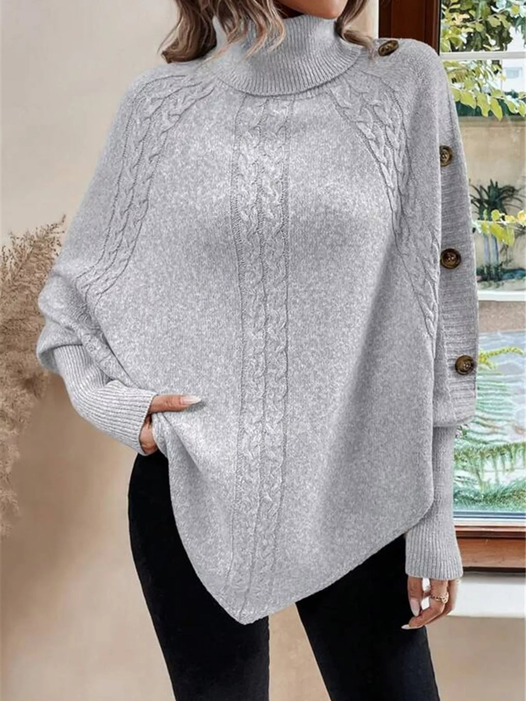 Cable Knit Turtleneck Cape Sweater (19)
