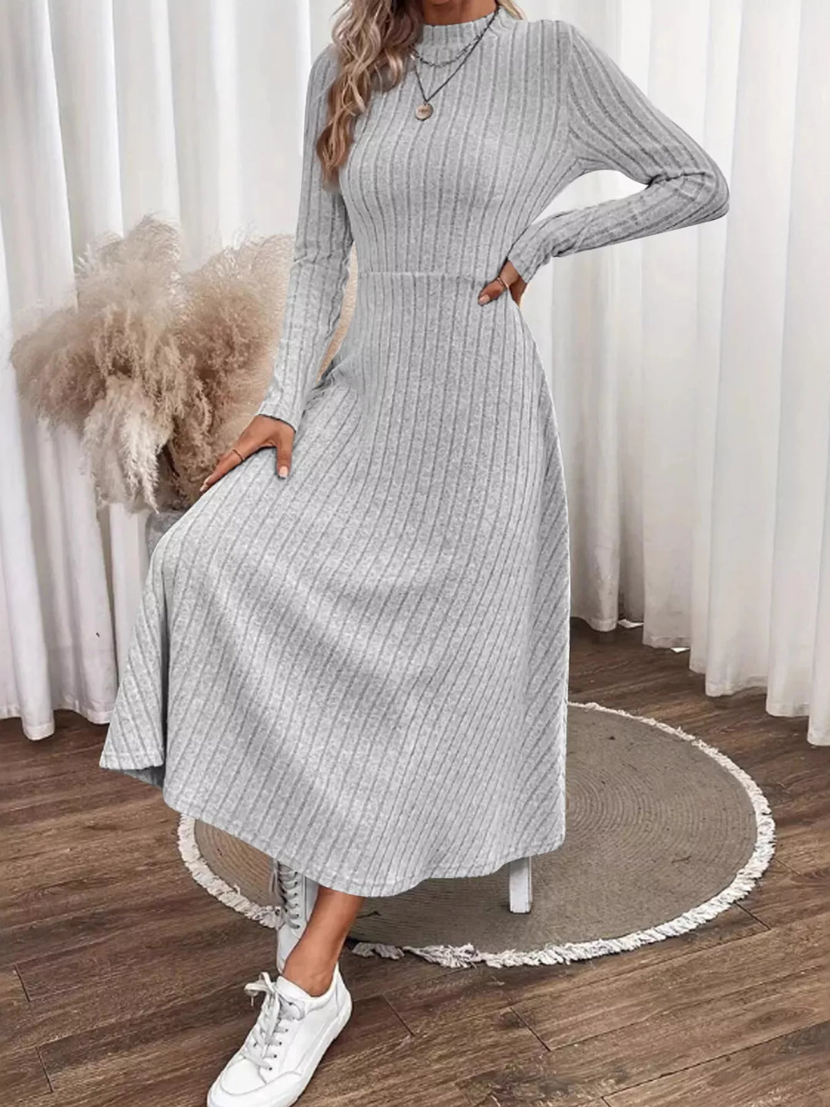 Ribbed Knit Long Sleeve Midi Dress (11)