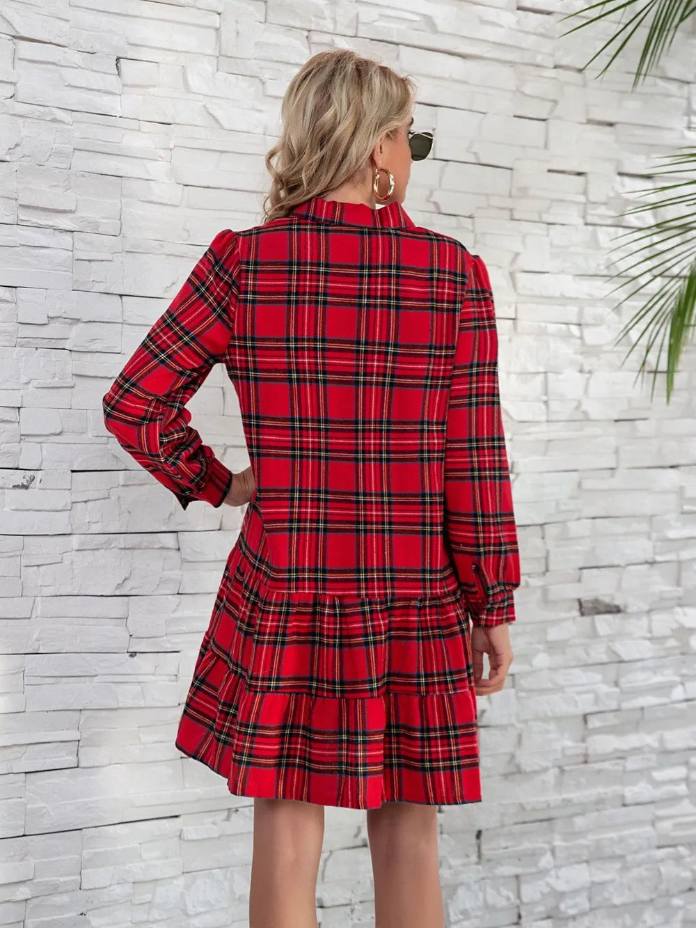Ruffle Hem Plaid Button Down Long Sleeve Dress (3)