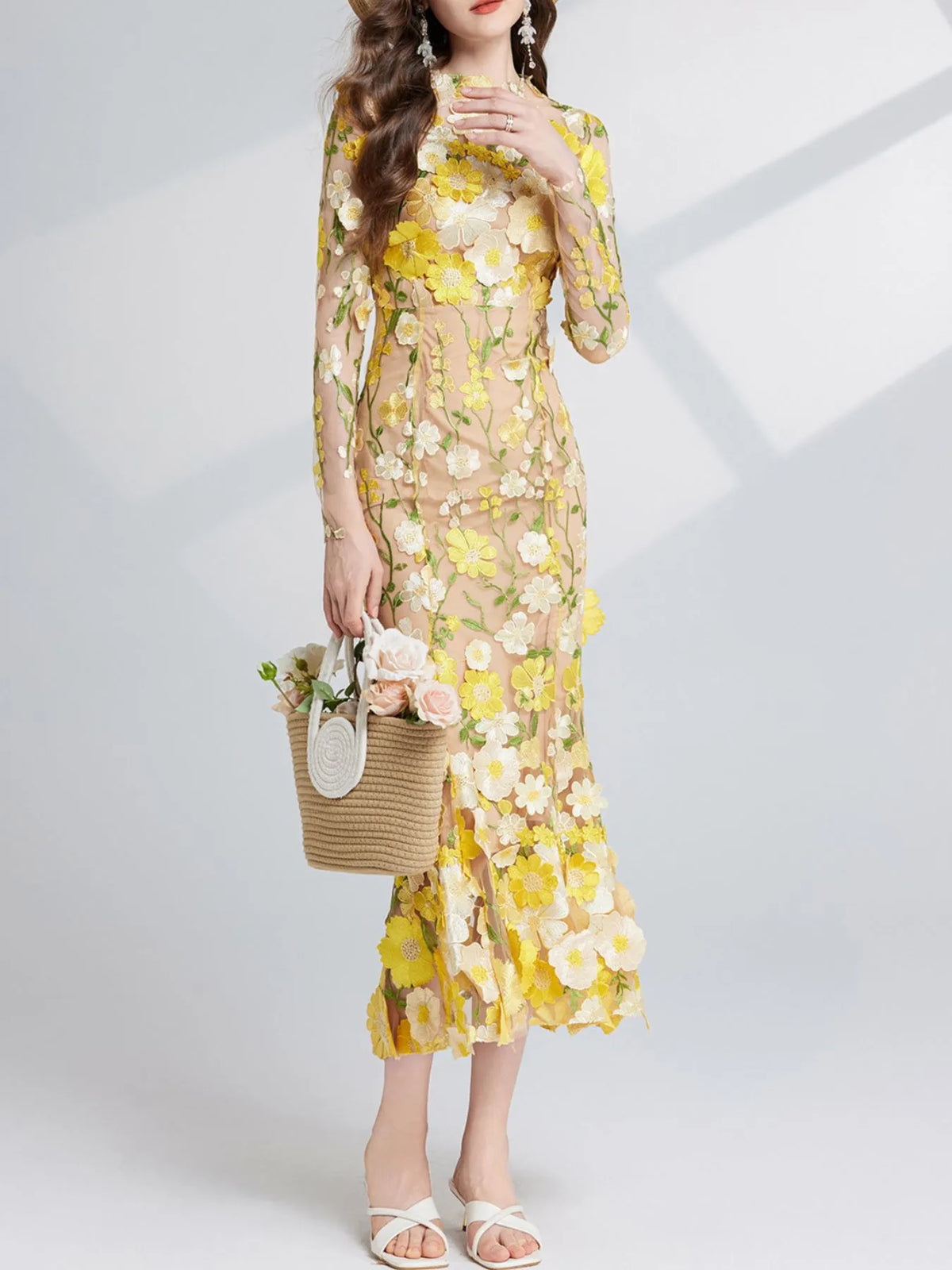 Floral Embroidered Mesh Long Sleeve Midi Dress (20)