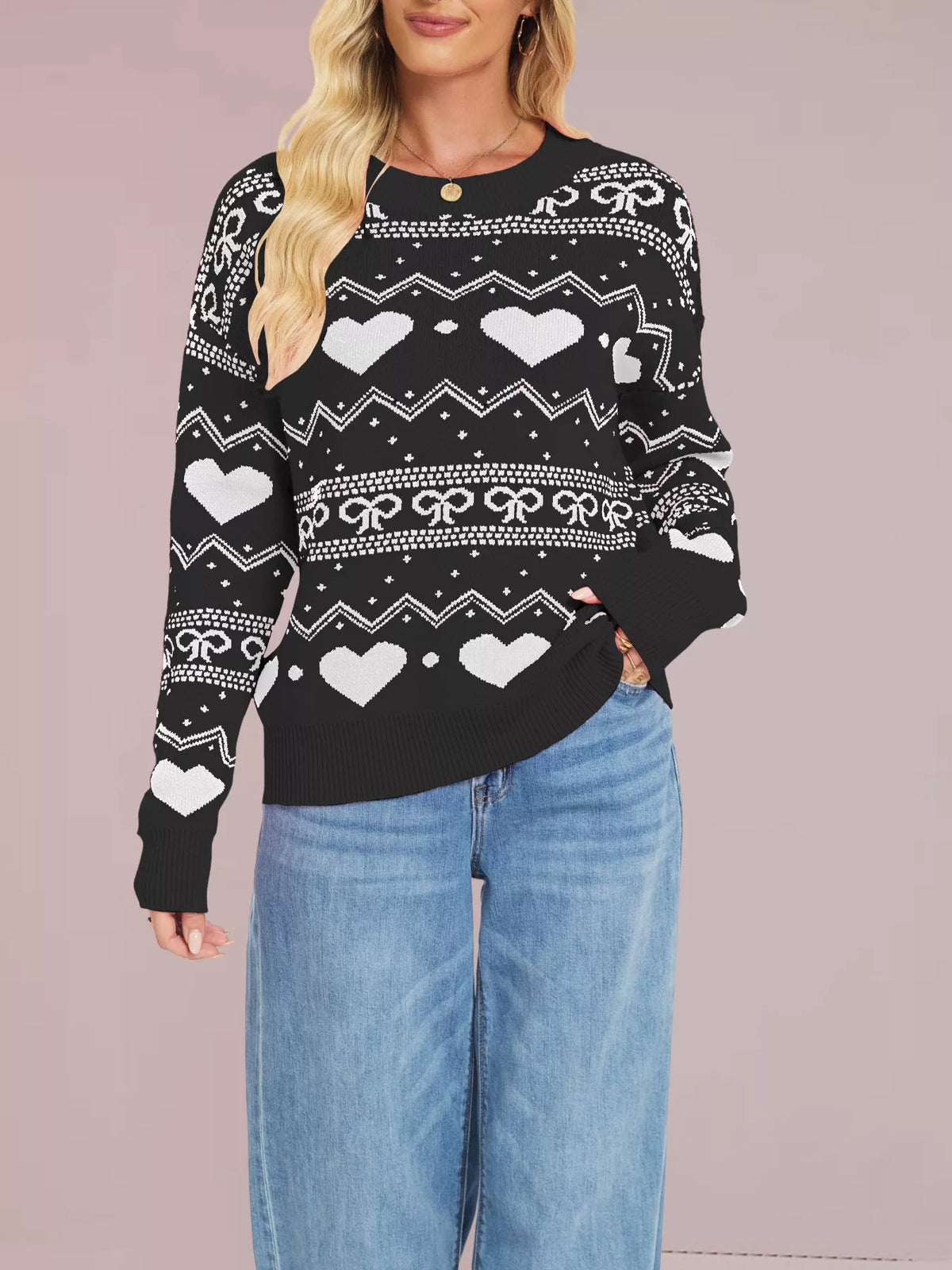 Heart Bow Pattern Round Neck Sweater (17)