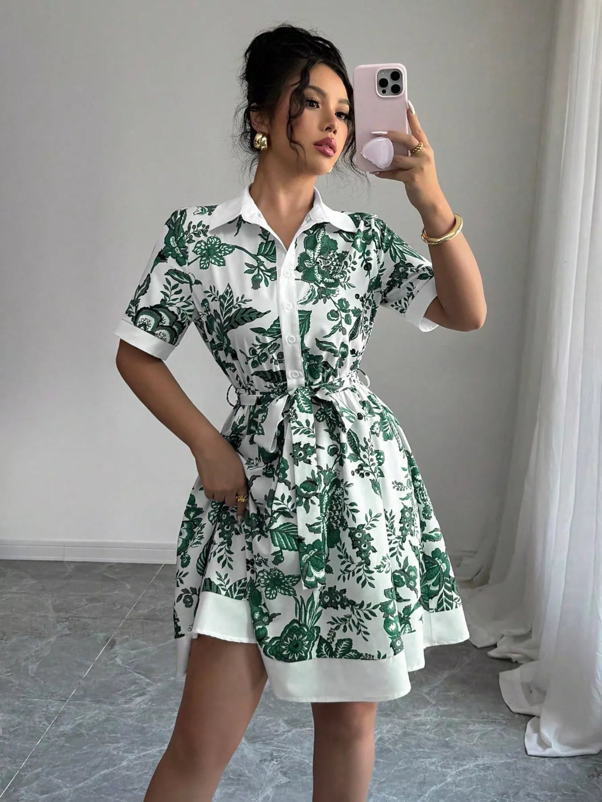 Printed Button Front Mini Dress (8)