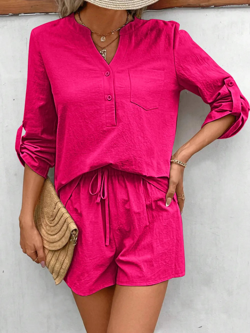 Notched Long Sleeve Top Shorts Set (13)
