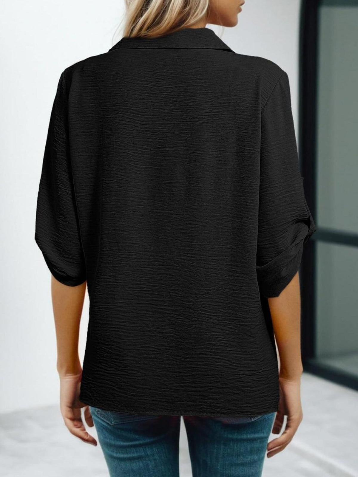 Johnny Collar Roll-up Sleeve Blouse (12)