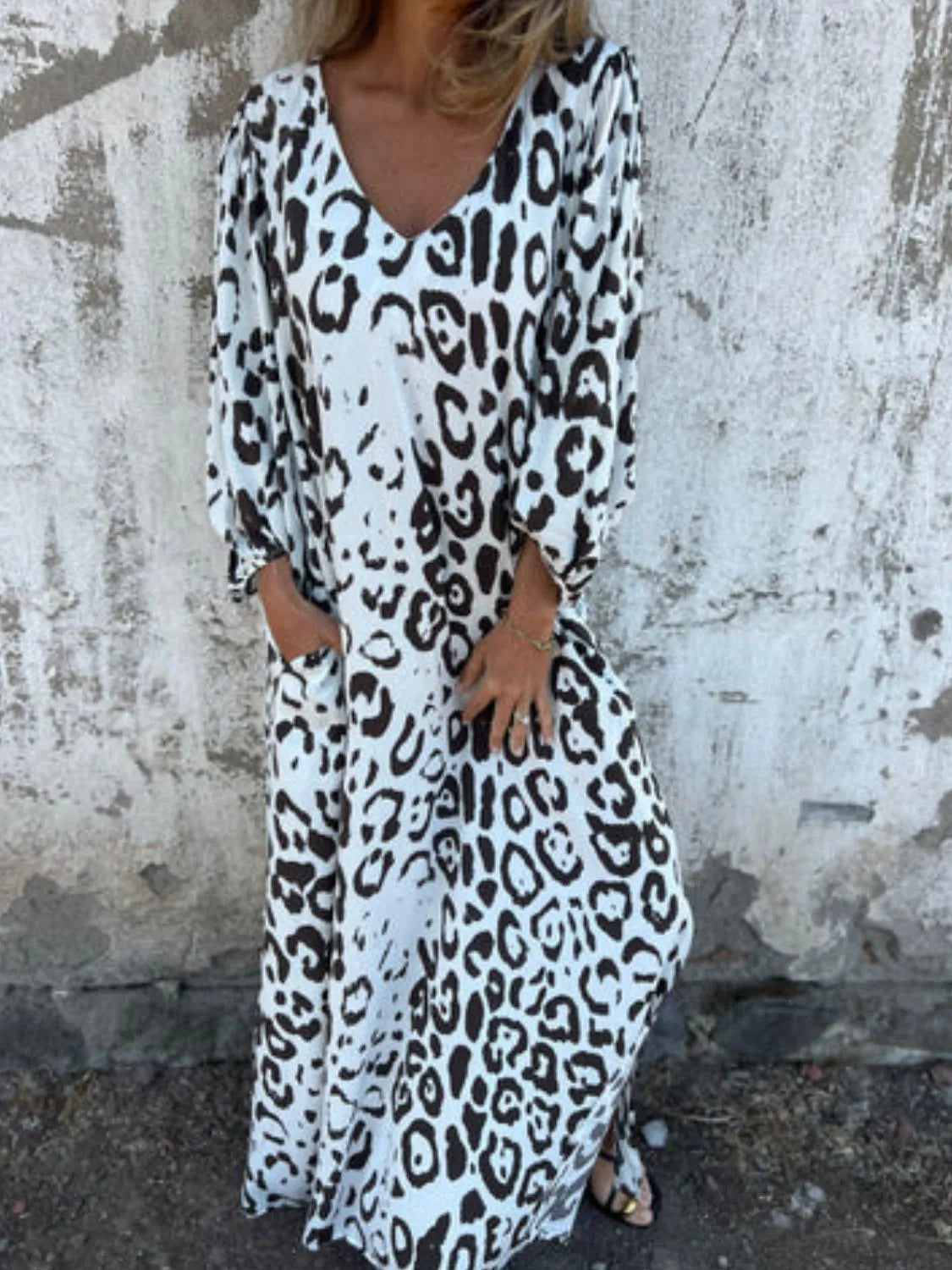 Full Size Printed V-neck Dress Pockets Plus (16)