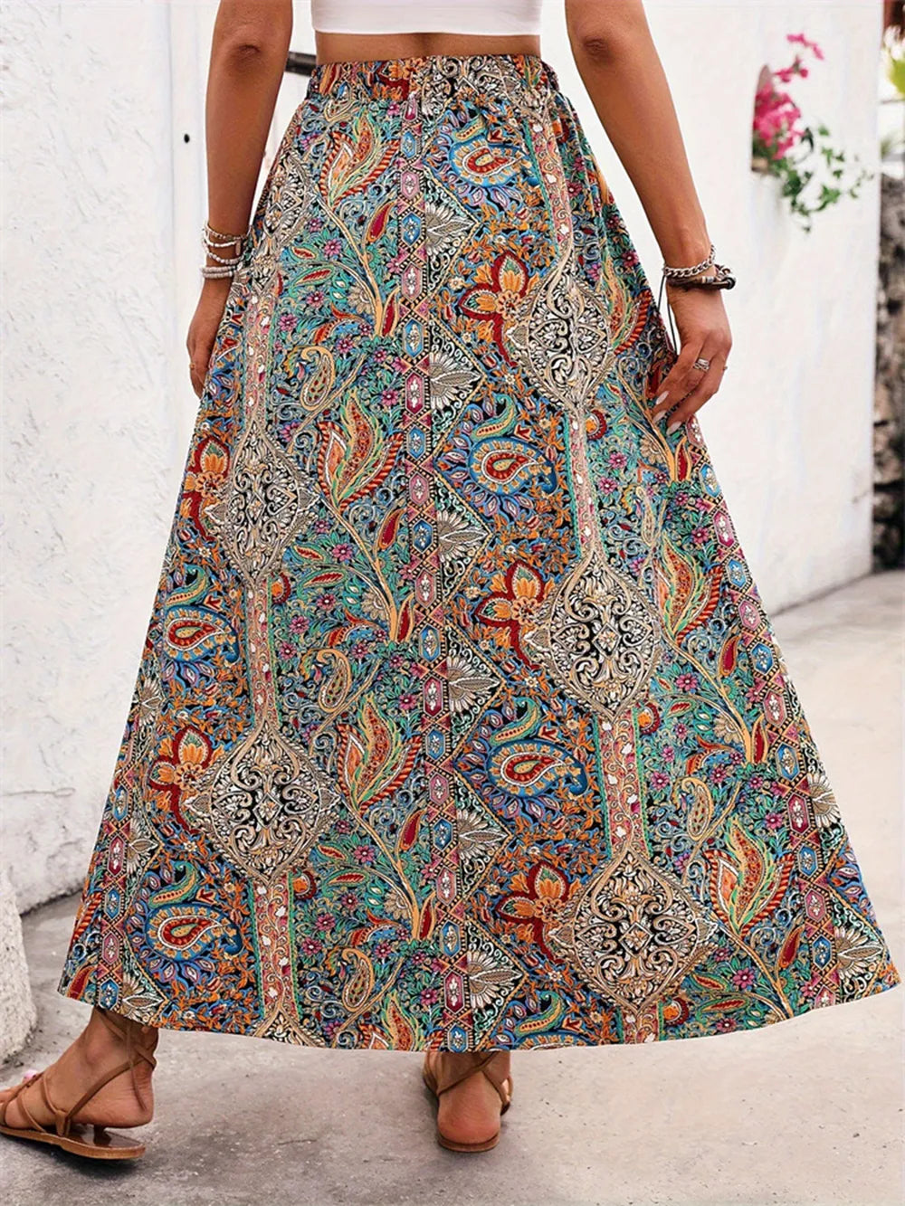 Slit Printed Elastic Waist Skirt (3)