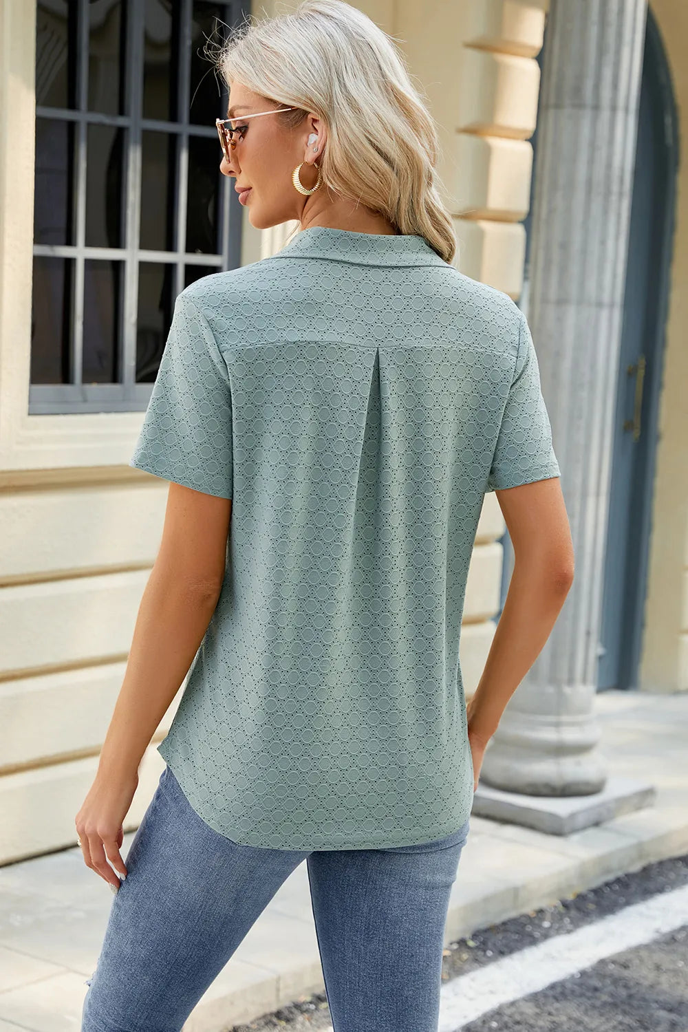 Pocketed Johnny Collar Short Sleeve Blouse (28)