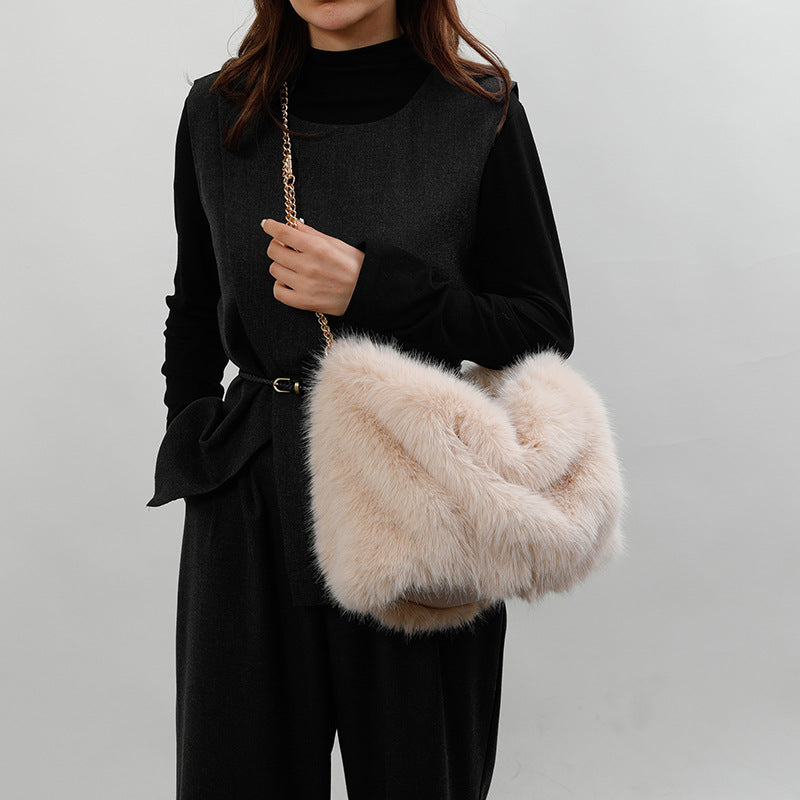 Plush High-end Pleated Faux Fox Fur Shoulder Bag photo 1