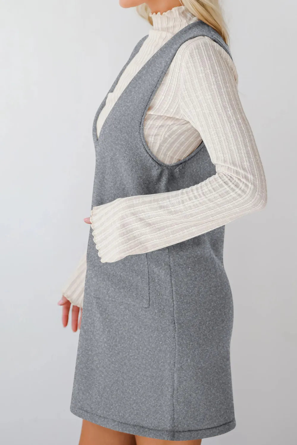 Pocketed V-neck Mini Sweater Overall Dress (24)