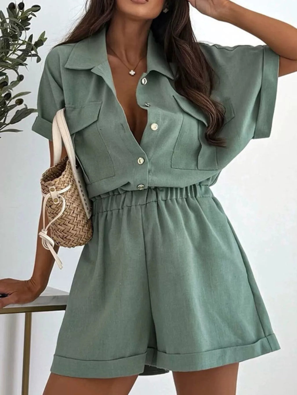 Button Front Short Sleeve Shirt Shorts Set (8)
