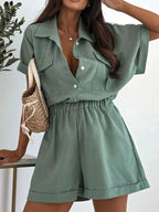Button Front Short Sleeve Shirt Shorts Set (8)