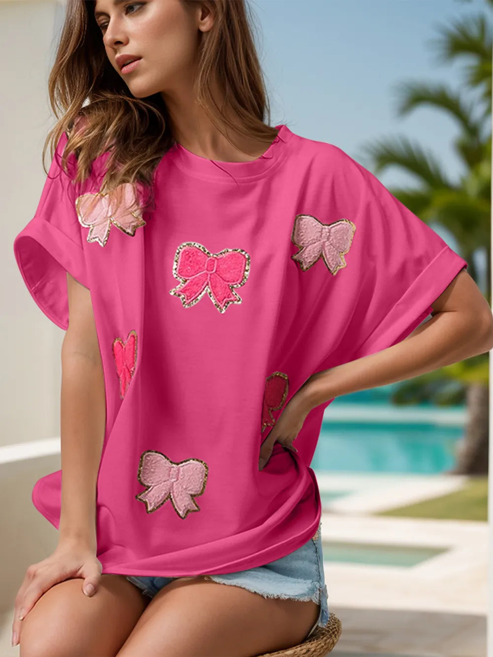 Bow Round Neck Short Sleeve T-shirt (4)