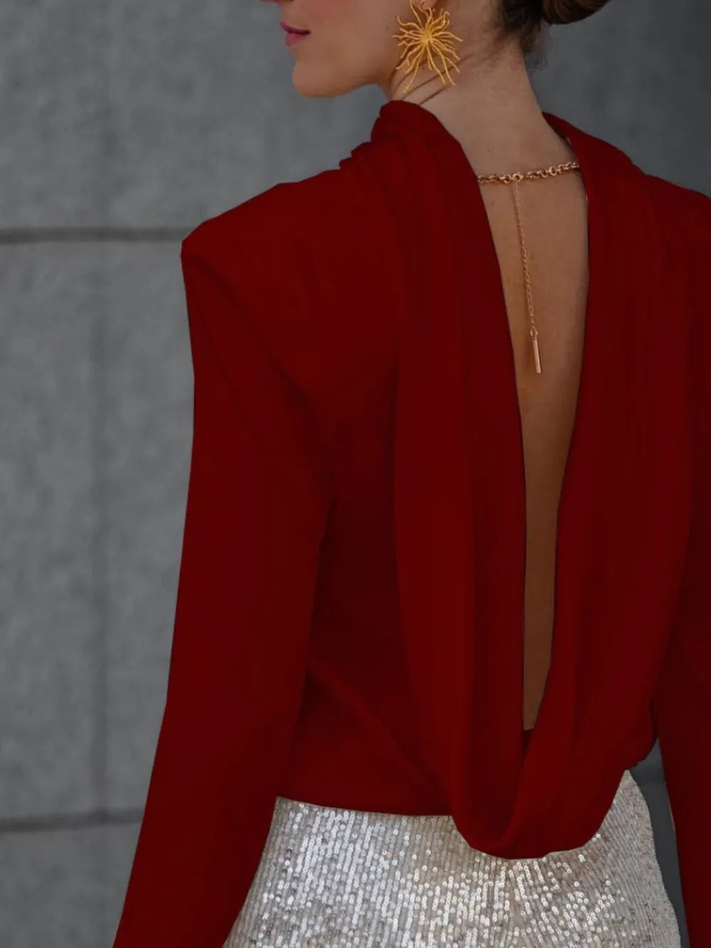 Backless Cowl Neck Long Sleeve Blouse (6)