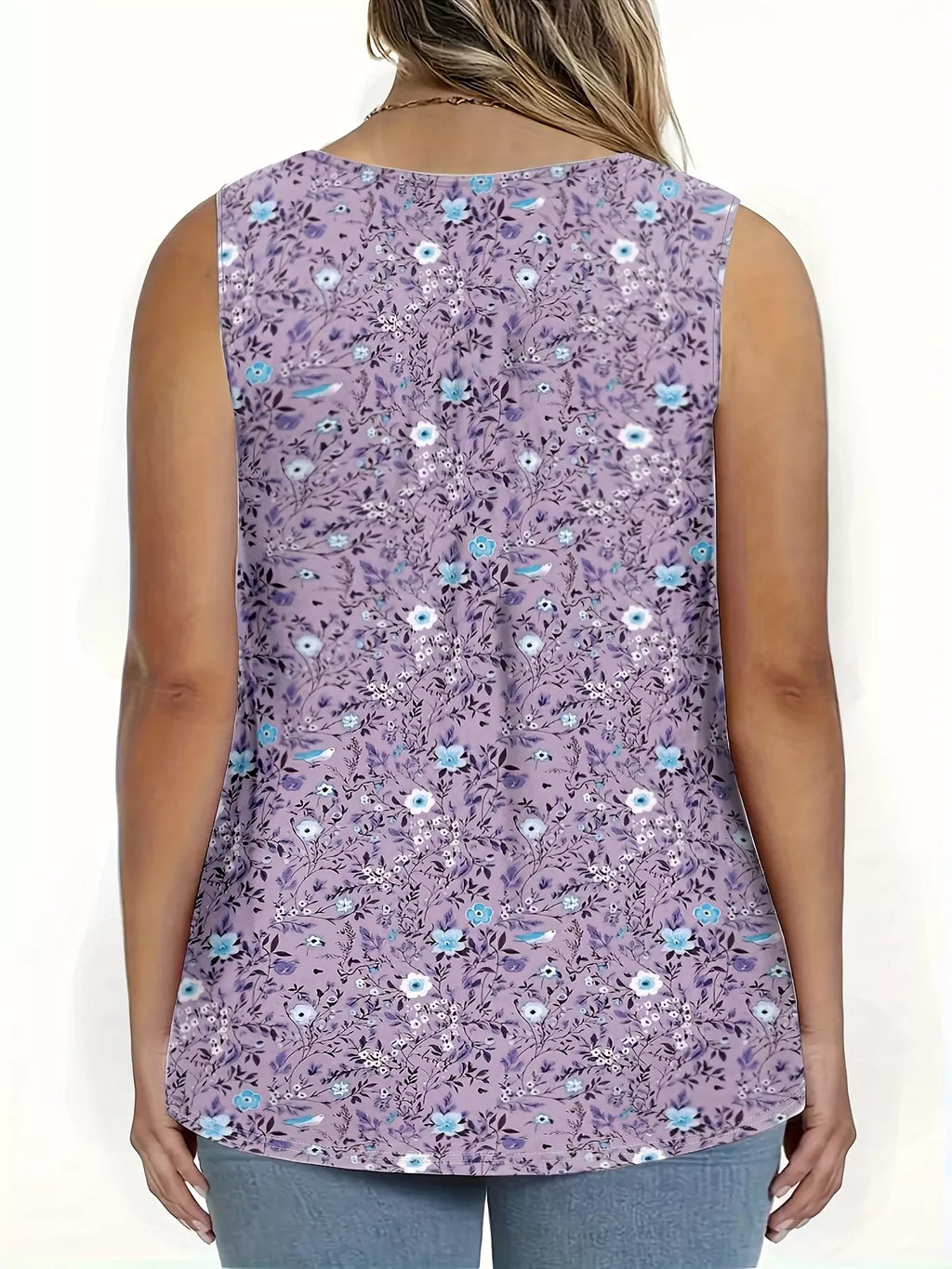 Full Size Floral Print Button Detail Tank Plus (11)