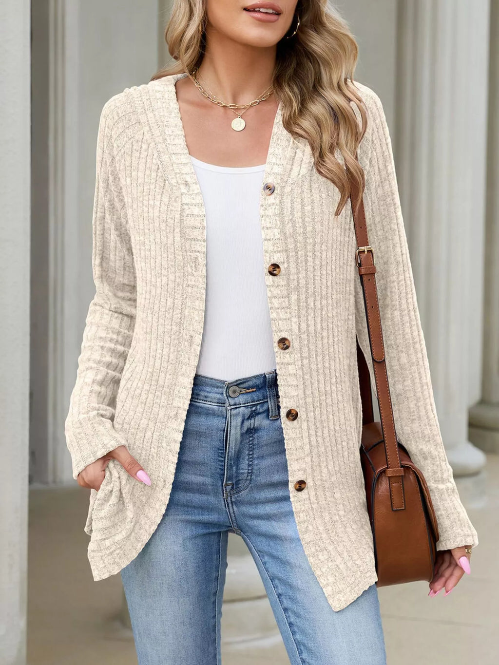 Ribbed Knit Hooded Button-down Cardigan (13)