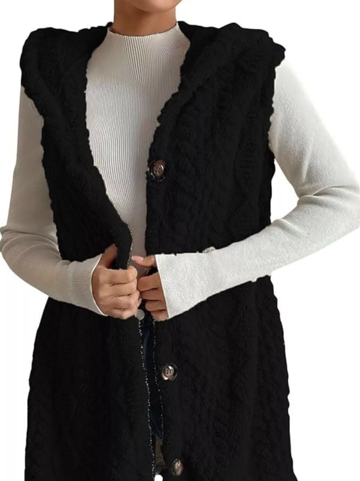 Button-down Sherpa Hooded Vest Coat (11)