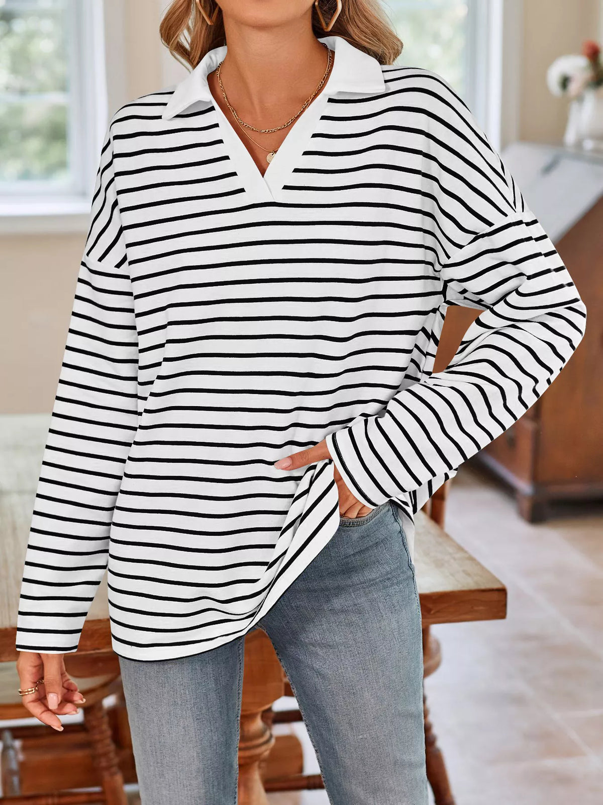 Oversized Striped Johnny Collar T-shirt (3)