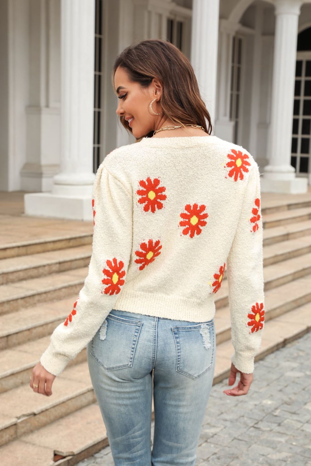 Flower Pattern Round Neck Short Sleeve Pullover Sweater (22)