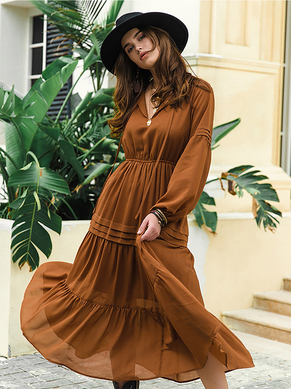 Tie Neck Long Sleeve Midi Tiered Dress (31)