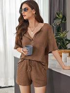 Full Size Waffle-knit Dropped Shoulder Top Shorts Set (9)