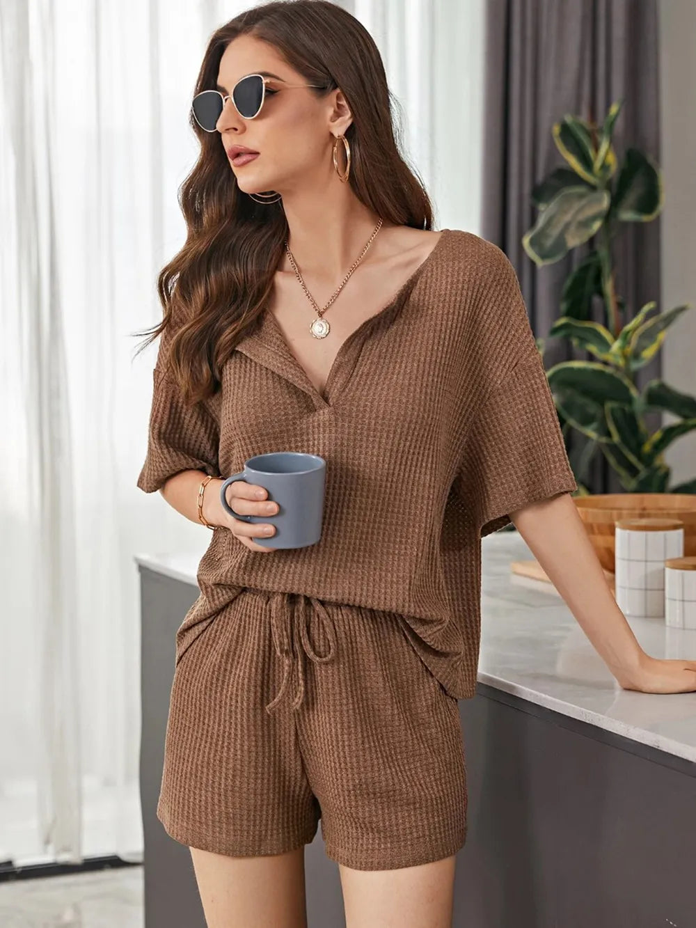 Full Size Waffle-knit Dropped Shoulder Top Shorts Set (9)
