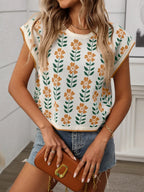 Flower Round Neck Short Sleeve Knit Top (12)
