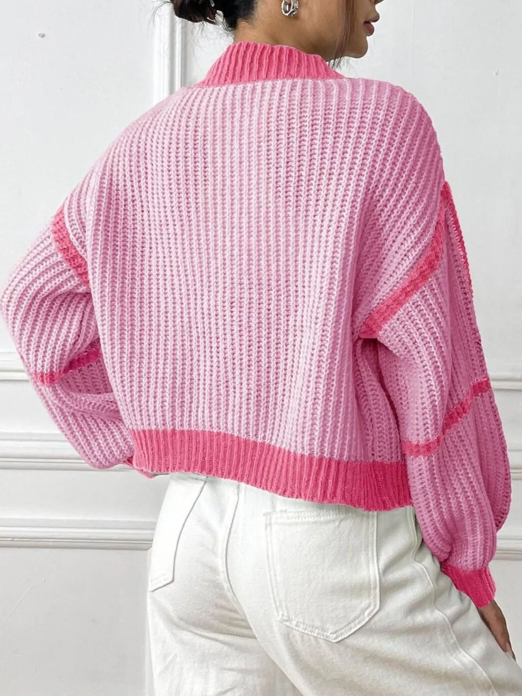 Color-block Ribbed Knit Open-front Cropped Cardigan (2)