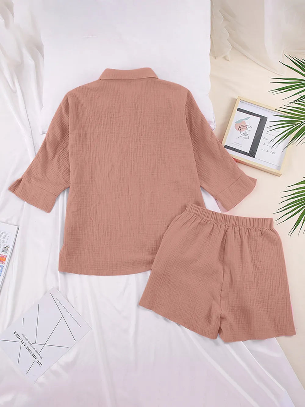 Texture Button Up Shirt Shorts Set (30)