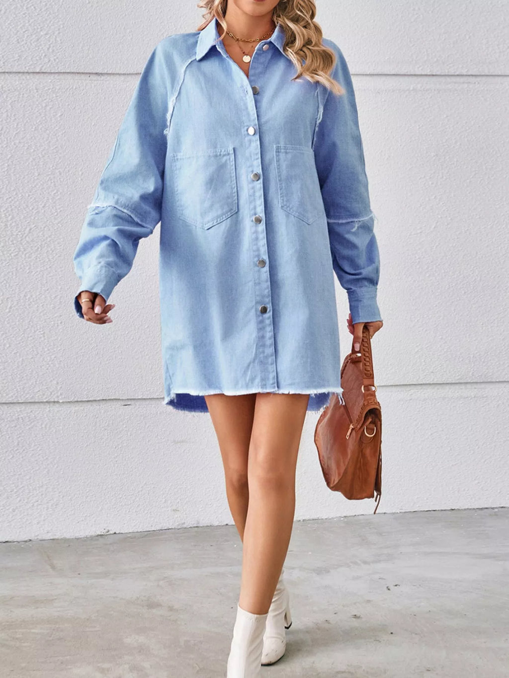 Button-down Raw Hem Denim Dress (7)