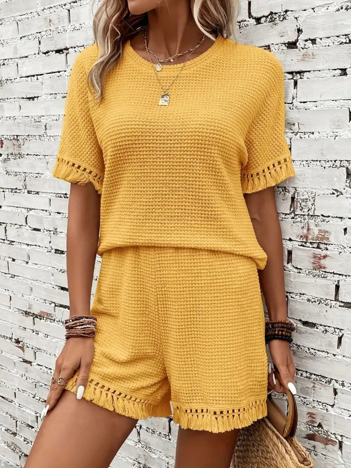 Tassel Round Neck Top Shorts Set (26)