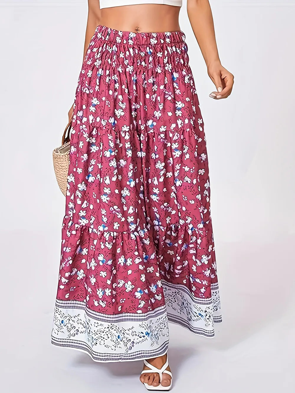 Full Size Tiered Printed Elastic Waist Skirt (4)