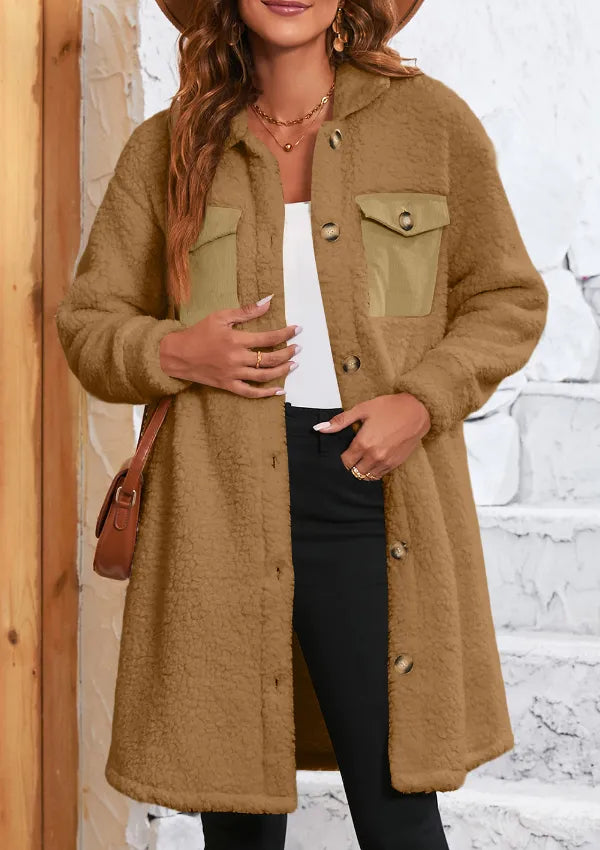 Collared Neck Long Sleeve Longline Teddy Jacket (8)
