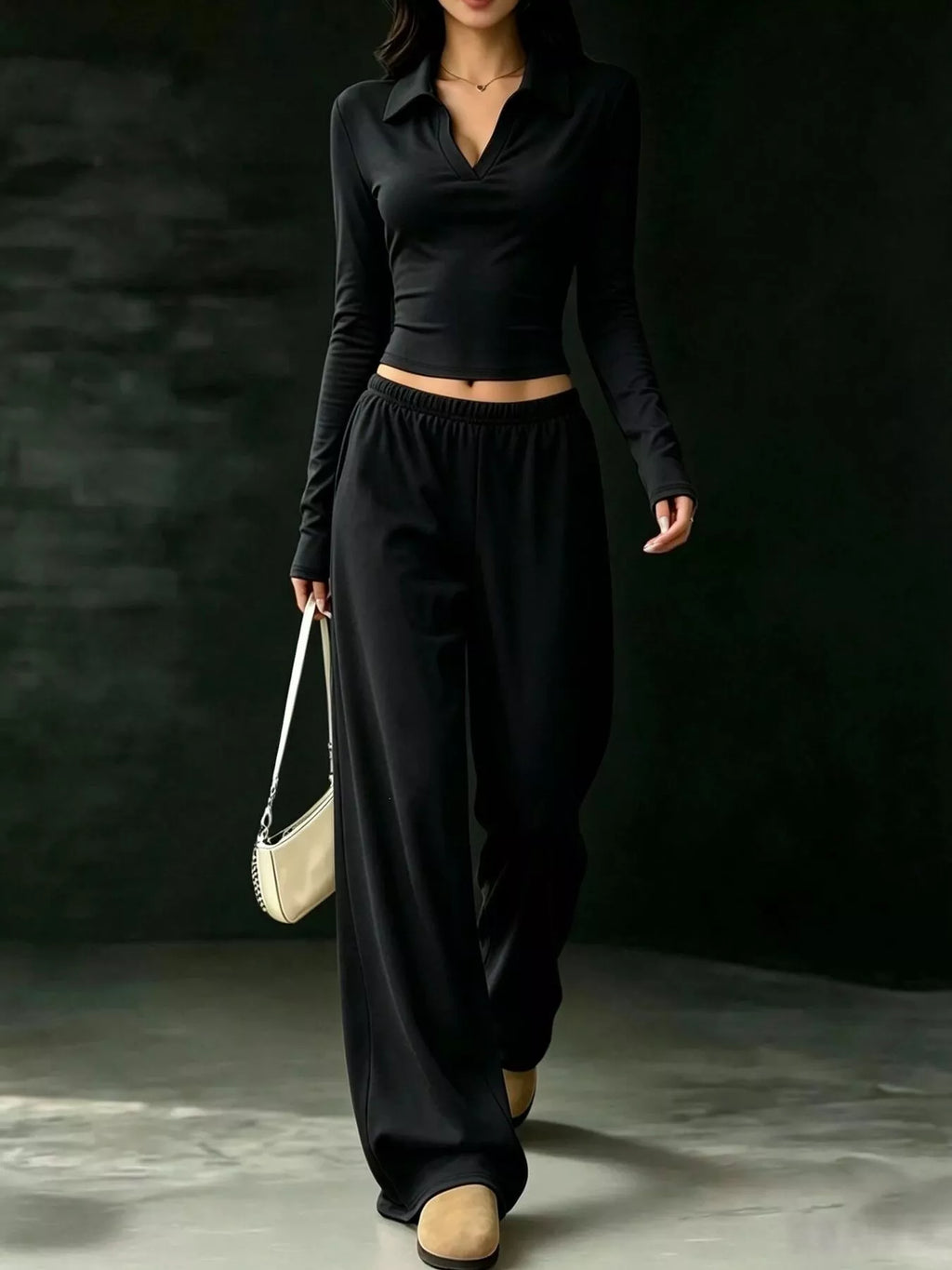 Solid Color Long Sleeve Polo Collar Top Wide Leg Pants Set (8)