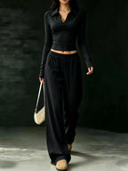 Solid Color Long Sleeve Polo Collar Top Wide Leg Pants Set (8)