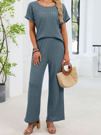 Lace Detail Short Sleeve Top Pants Set (16)