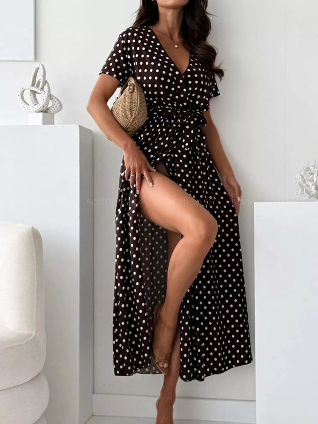 Polka Dot Surplice Maxi Dress Slit (16)