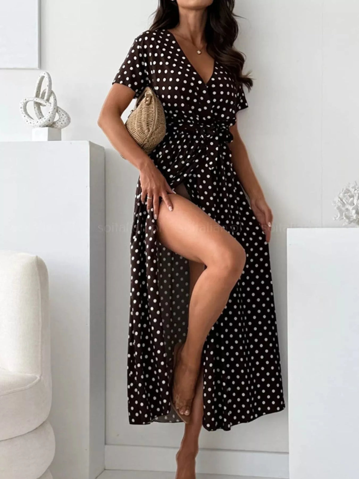 Polka Dot Surplice Maxi Dress Slit (16)