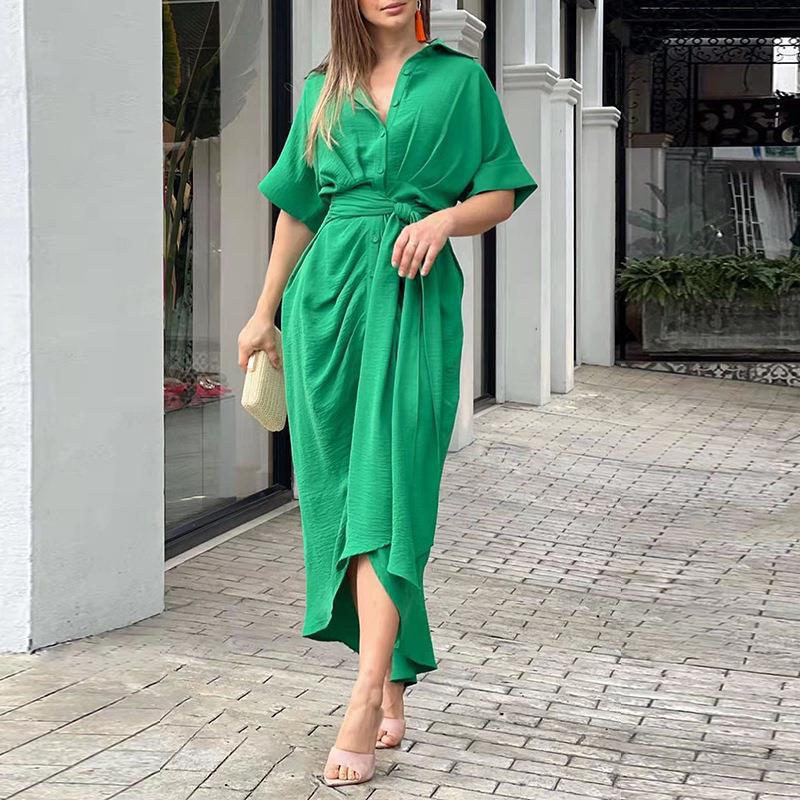 Collared Single-breasted High-waist Shirt Midi Dress variant CJLY286285619SH|CJLY286285620TG|CJLY286285621UF|CJLY286285622VE|CJLY286285623WD|CJLY286285624XC