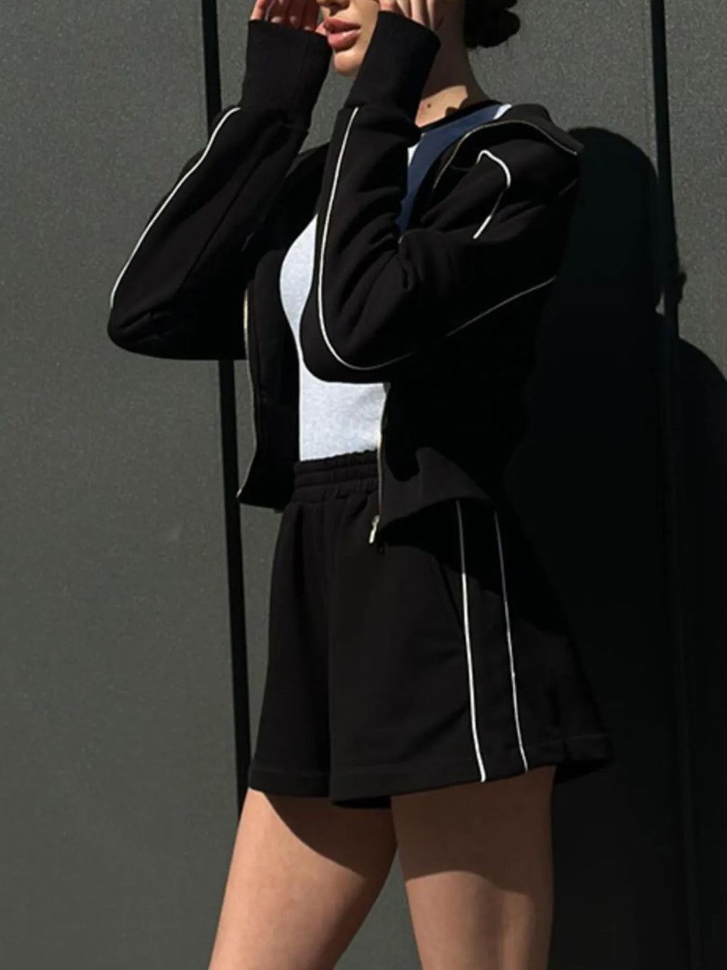 Zip Up Long Sleeve Top Shorts Set (20)