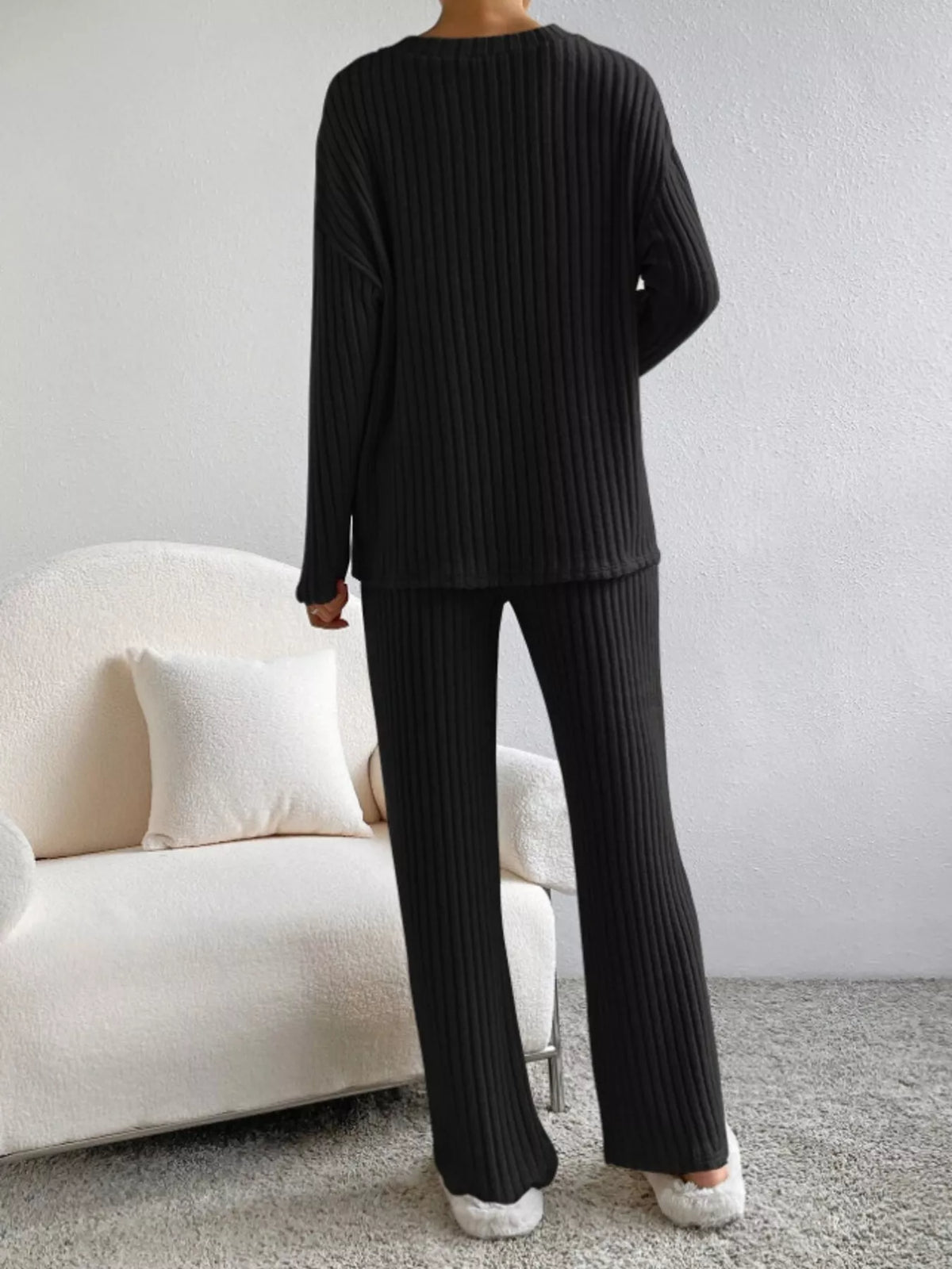 Ribbed Knit Long Sleeve Top Pants Set (17)