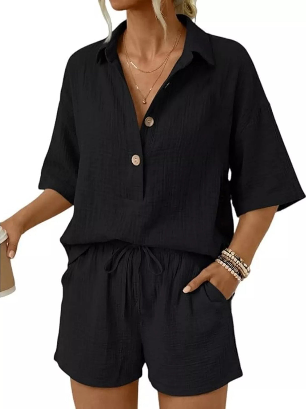 Linen Button Front Short Sleeve Top Shorts Set (4)