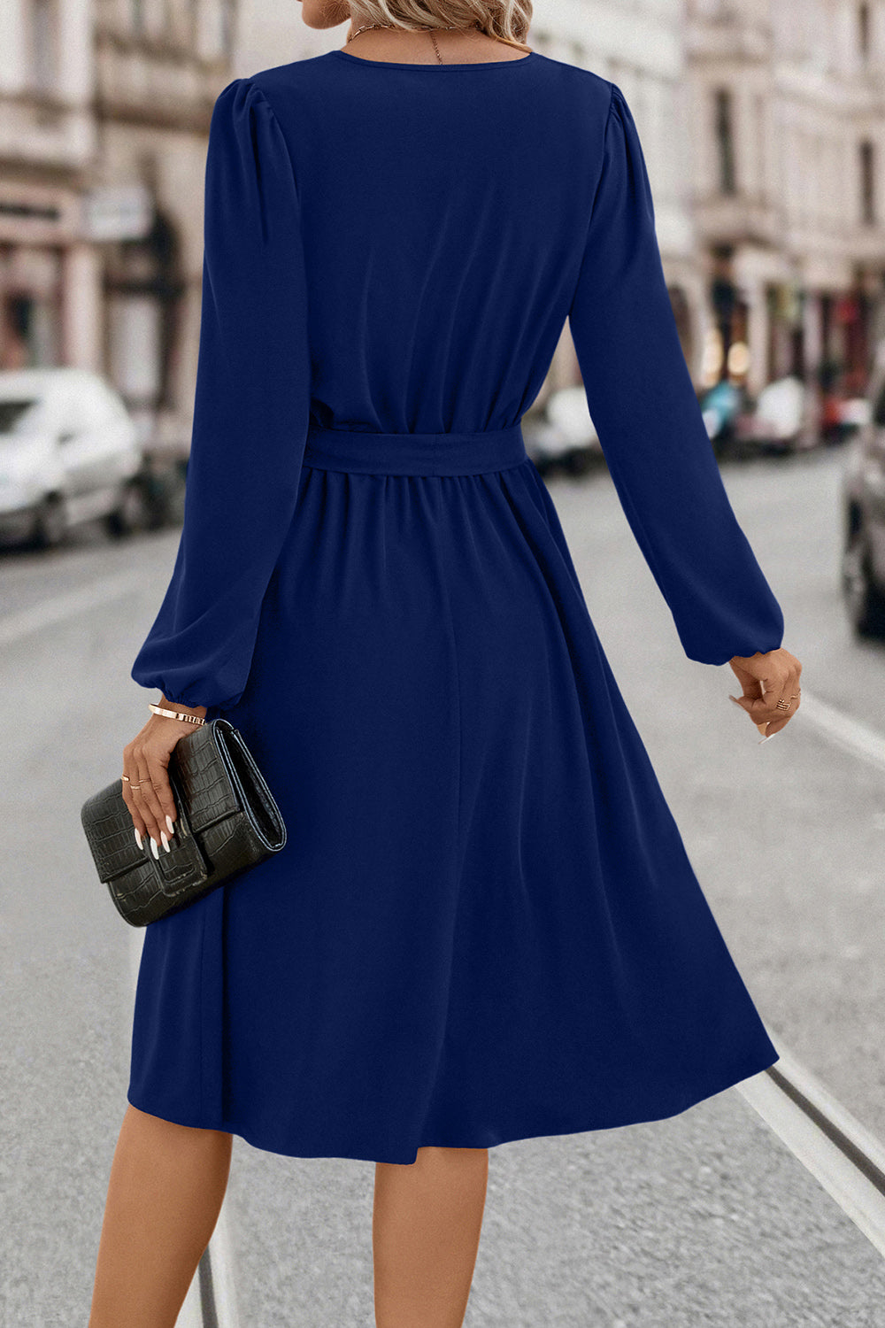Tie Waist Notched Neck Long Sleeve Dress (8)