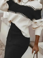 Two-tone Ribbed Knit Top Skirt Sweater Set (12)