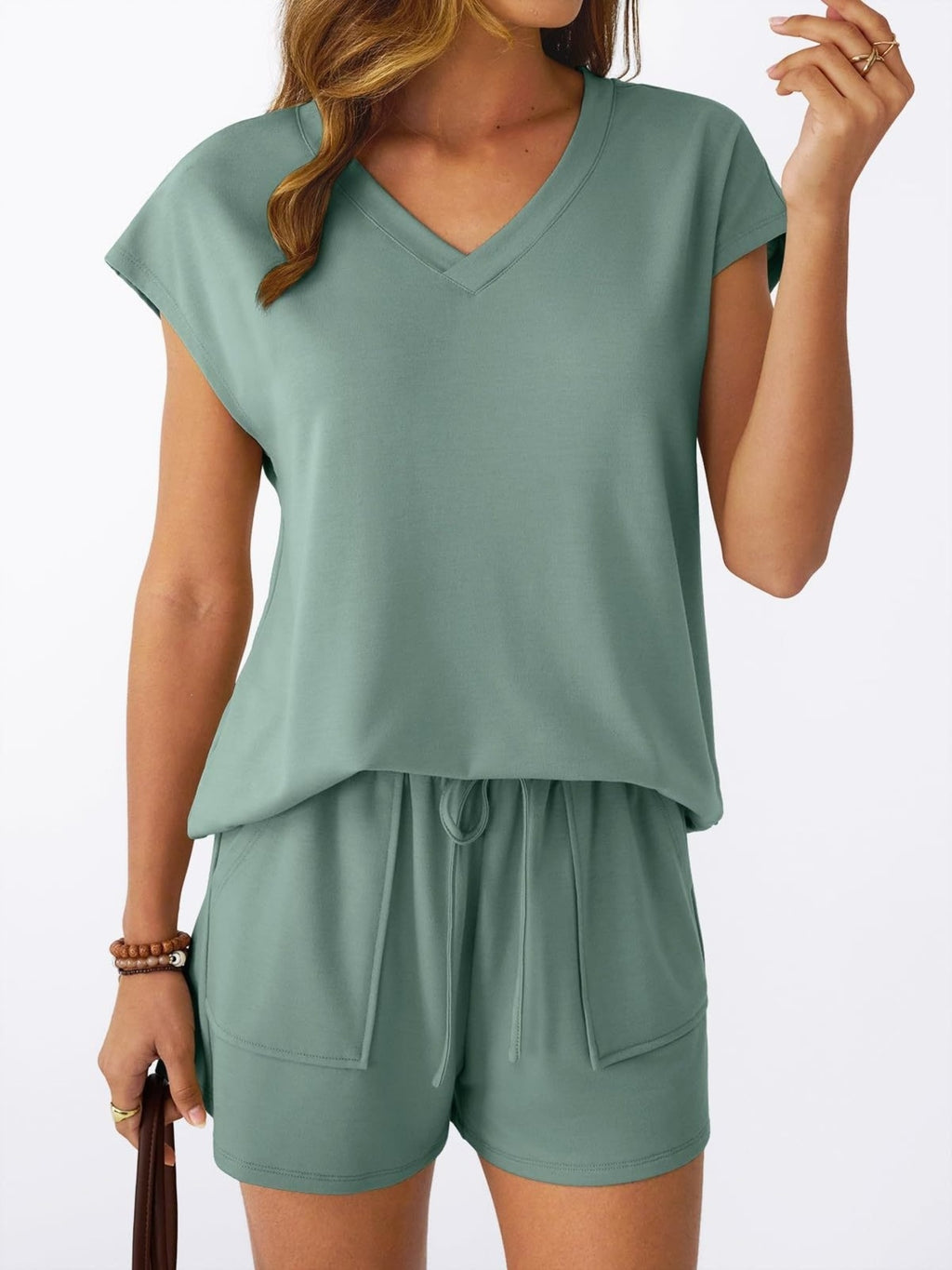 Casual V-neck T-shirt Shorts Set (14)