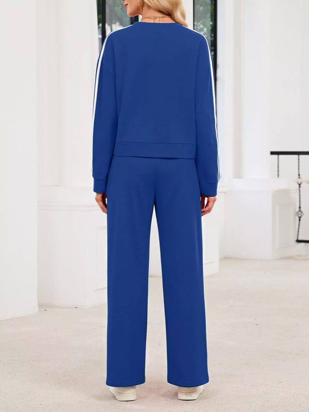 Striped Round Neck Sweatshirt Pants Set (20)